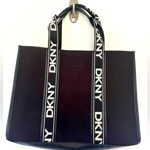 DKNY Cassia Large Book Tote Canvas Black Tape Top Handles NWT
